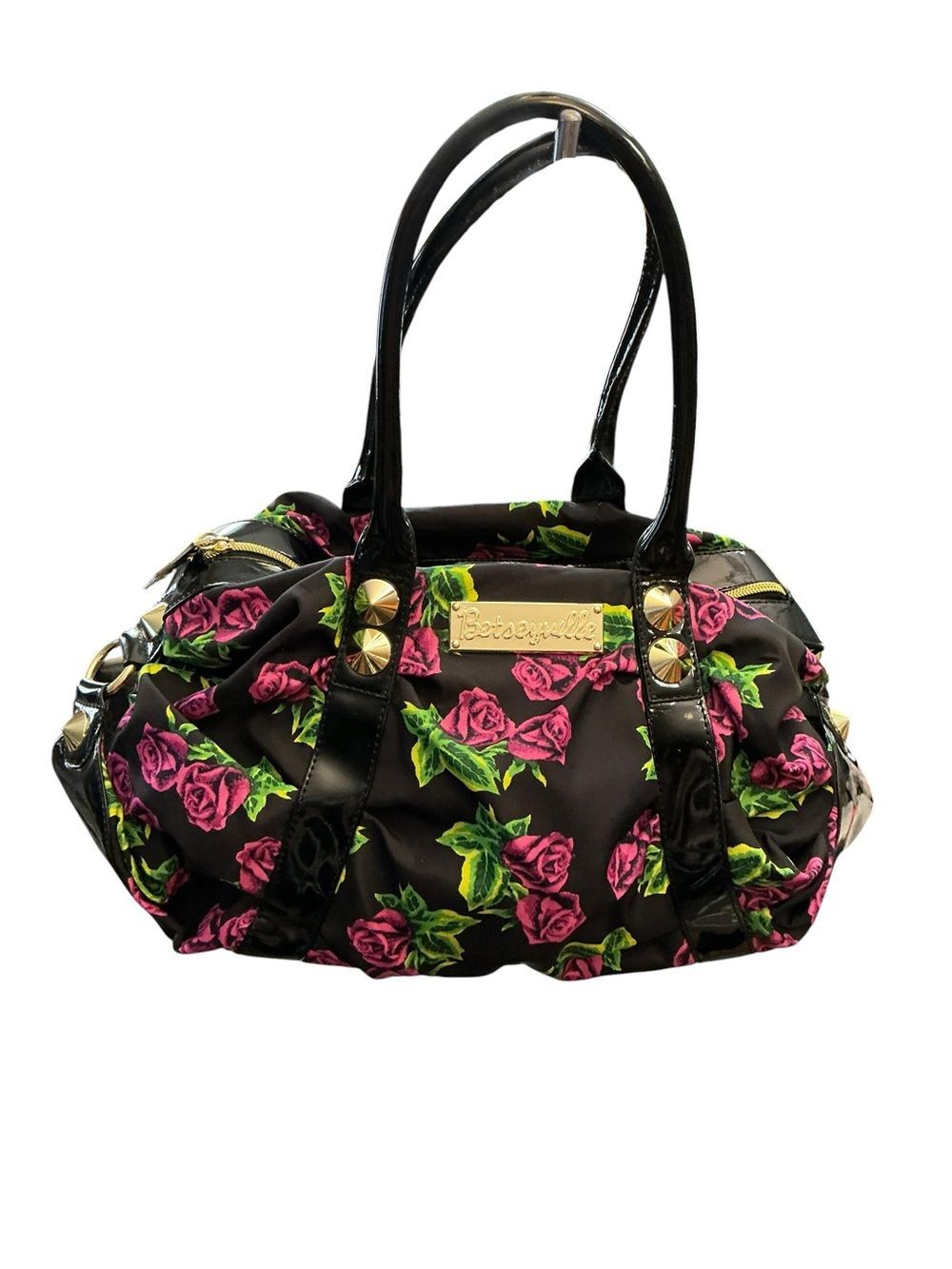 Betsey Johnson Black Floral Shoulder Bag with Pink Roses Betseyville - Picture 2 of 14